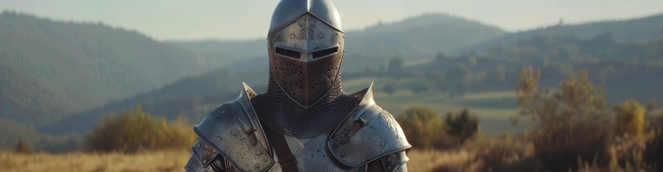 Medieval knight in armor standing in a scenic landscape photo