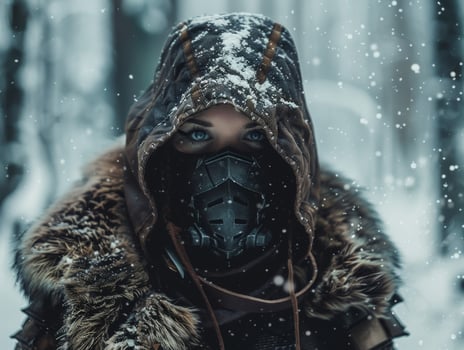 Mysterious figure in a snowy forest wearing a futuristic mask photo