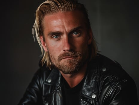 Portrait of a serious man with blonde hair wearing a leather jacket photo
