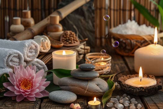 Tranquil Spa Setting with Candles and Lotus Flower photo