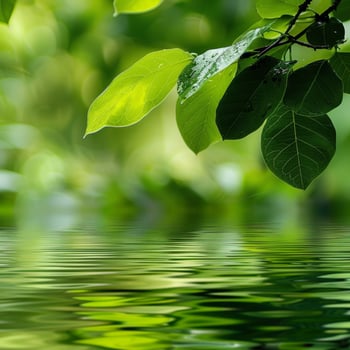 Fresh green leaves with dew over tranquil water photo