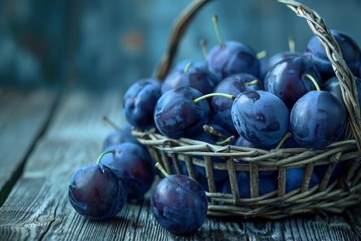 Fresh plums in a rustic basket on a wooden table photo