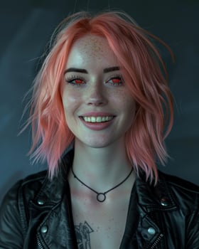 Portrait of a young woman with vibrant pink hair and striking red eyes photo