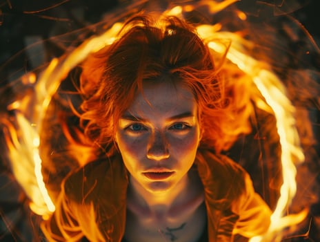 Intense gaze of a woman surrounded by fiery light photo