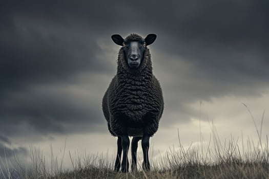 Majestic sheep standing on a hill under stormy skies photo