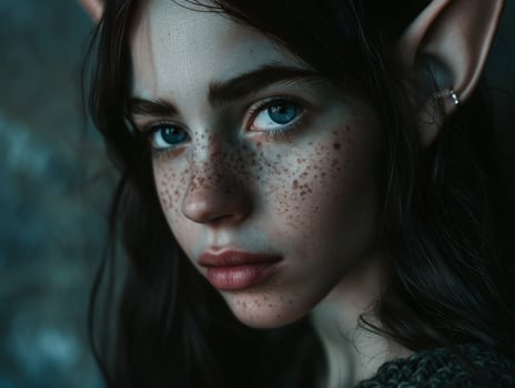 Mystical portrait of a young woman with elf ears and freckles photo