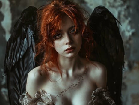 Mysterious red haired woman with black angel wings in a dark setting photo
