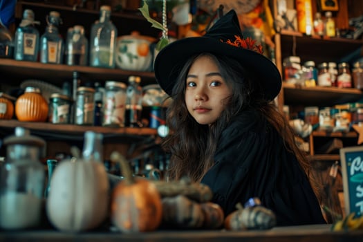 Young witch in a magical apothecary shop photo