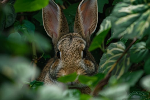 Rabbit hiding in lush green foliage photo
