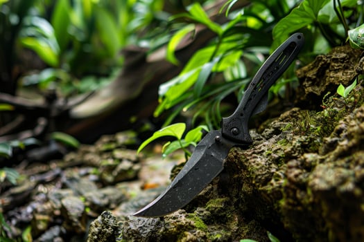 Survival knife embedded in a mossy forest floor photo