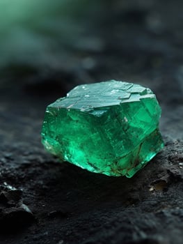 Vibrant green gemstone on a dark rocky surface photo
