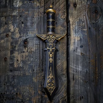 Ornate dagger on a rustic wooden background photo