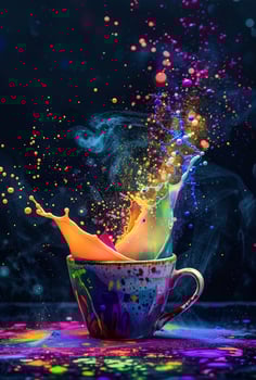 Colorful splash in a coffee cup on a vibrant background photo