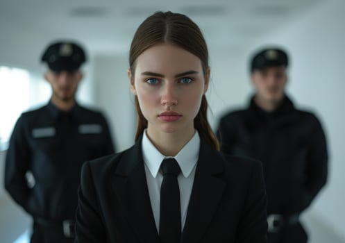 Confident female leader with security team in background photo