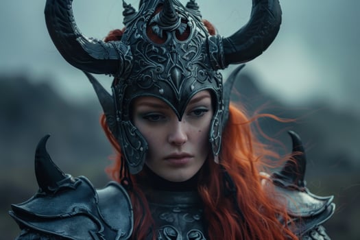 Mystical warrior woman in ornate armor with horns photo