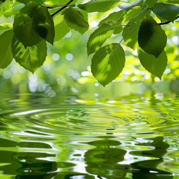 Fresh green leaves above tranquil water with reflections photo
