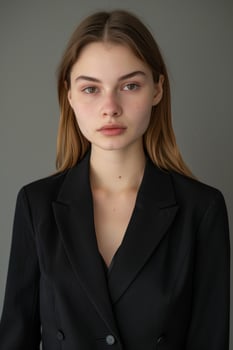Portrait of a young woman in a black blazer with a neutral expression photo