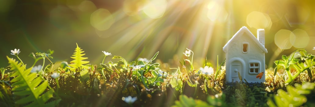 Miniature house in a magical forest setting with sunlight photo