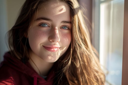 Young woman enjoying golden hour sunlight by the window photo