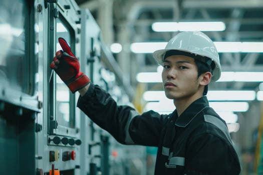 Engineer inspecting machinery at an industrial plant photo