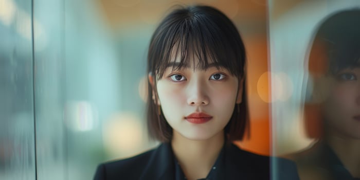 Young woman with a reflective expression in a modern setting photo