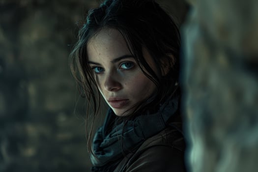 Intense gaze of a young woman in a moody setting photo