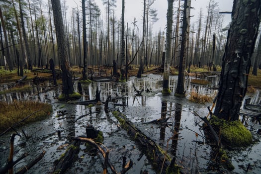 Misty swamp with dead trees and reflective water photo