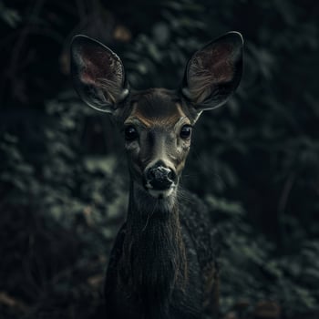 Curious young deer in a dark forest photo