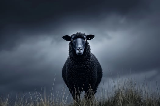 Black sheep standing in a moody grassland under stormy skies photo