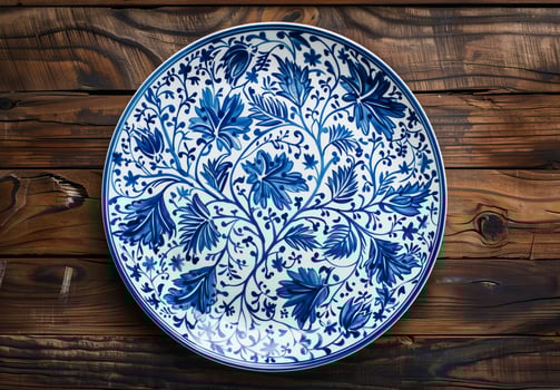 Traditional blue and white ceramic plate with floral patterns photo