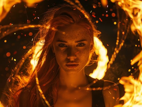 Mysterious woman surrounded by sparks of fire photo