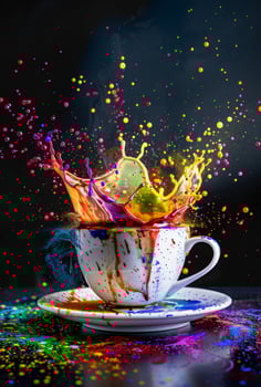Colorful splash in coffee cup with dynamic background photo