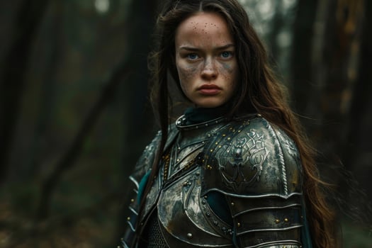 Warrior woman standing in a misty forest photo
