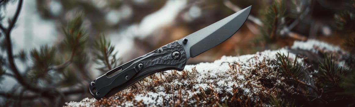 Folding knife on a snowy forest floor photo