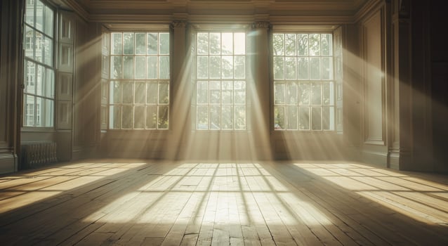 Sunlight streaming through large windows in an empty vintage room photo