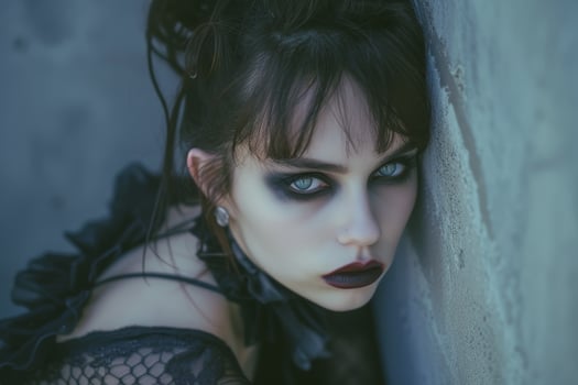 Mysterious woman with dark makeup leaning against a wall photo