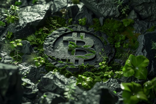 Bitcoin symbol embedded in a lush green rocky landscape photo