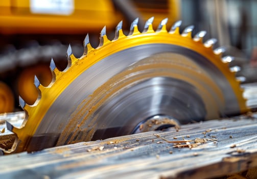 Close up of a spinning circular saw blade cutting through wood photo