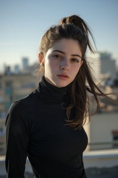 Young woman with a ponytail standing on a rooftop photo