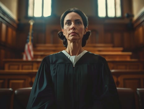 Stern judge presiding over a courtroom photo