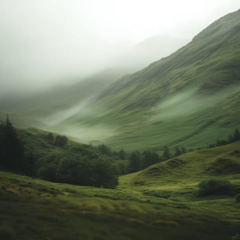 Misty Mountain Valley with Lush Greenery photo