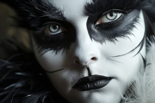Mysterious person with dramatic black and white makeup and feathered costume photo