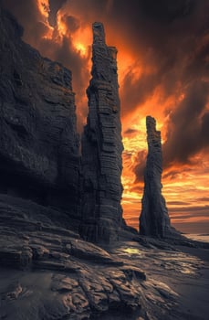 Majestic rock formations against a dramatic sunset sky photo