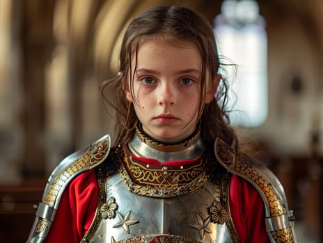 Young girl in medieval knight armor looking determined photo
