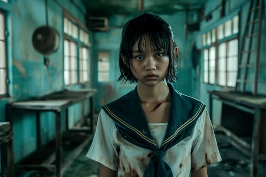 Young girl in a distressed state standing in an abandoned building photo