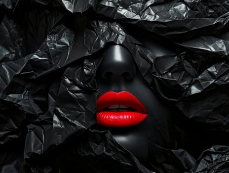 Mysterious red lips emerging from crumpled black paper photo