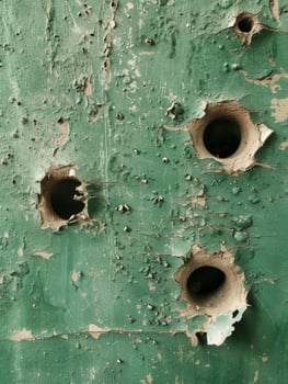 Close up of bullet holes in a green metal surface photo