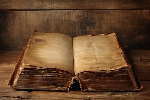 Antique open book on a wooden table photo