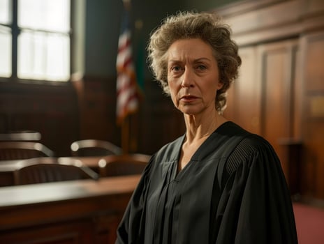 Stern judge standing in a courtroom photo