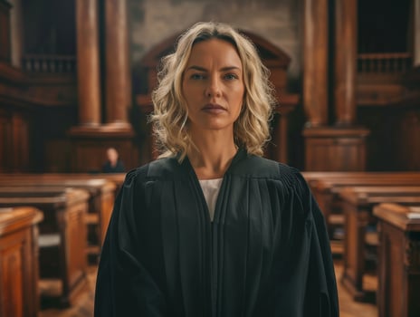 Confident female lawyer standing in courtroom photo